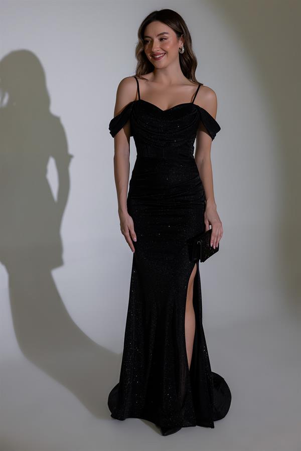 Bel Drapeli Simli Abiye - SİYAH