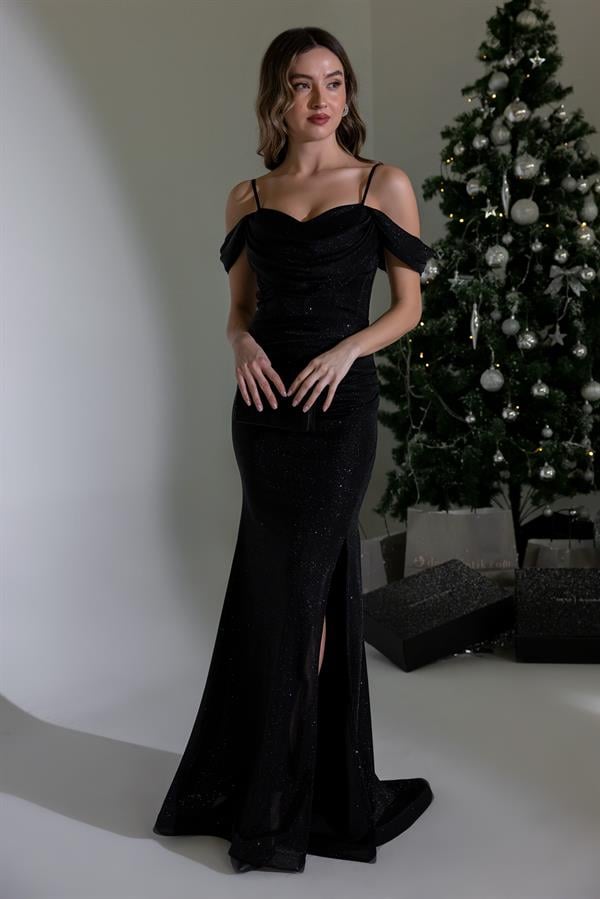 Bel Drapeli Simli Abiye - SİYAH