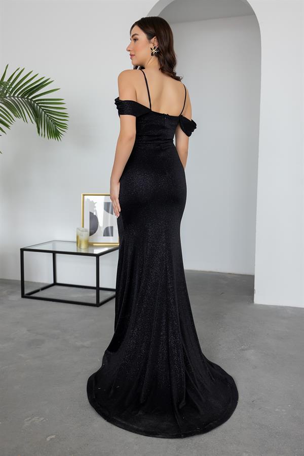 Bel Drapeli Simli Abiye - SİYAH