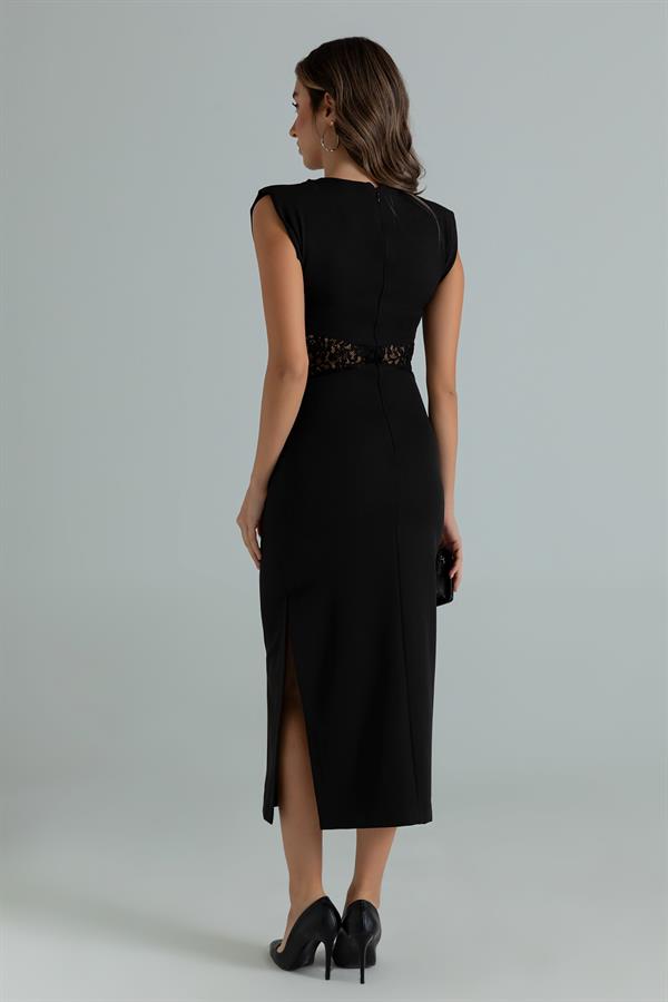 Bel Güpür Vatkalı Elbise - SİYAH