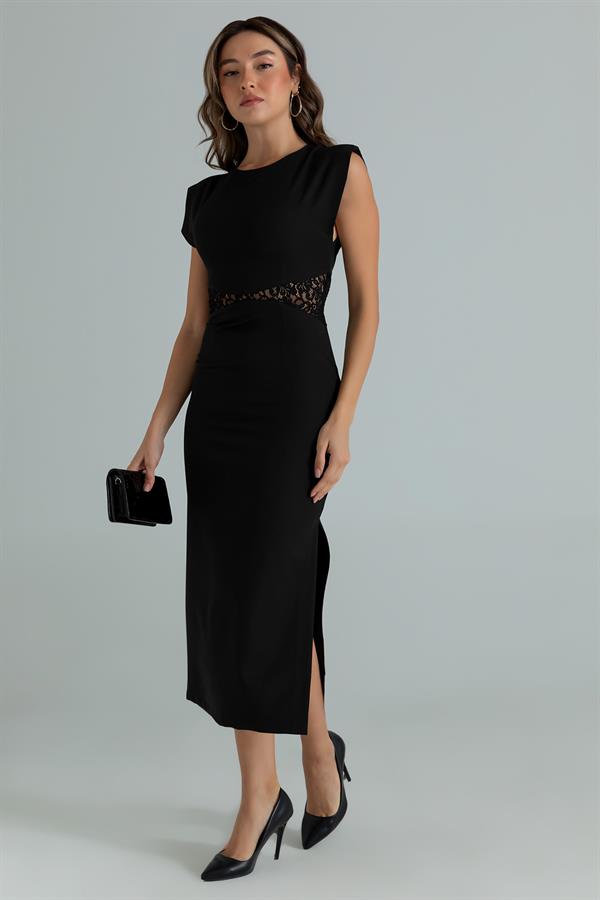 Bel Güpür Vatkalı Elbise - SİYAH