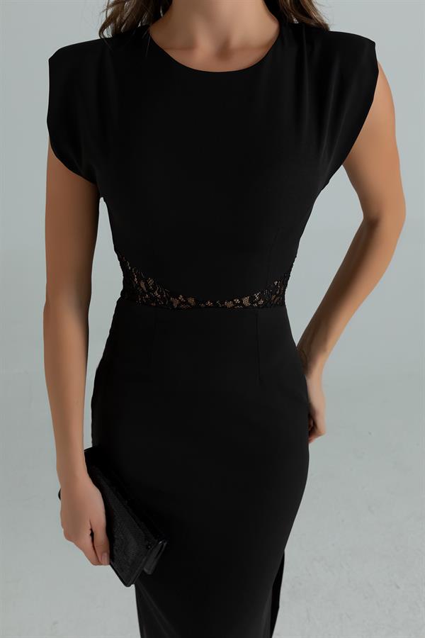 Bel Güpür Vatkalı Elbise - SİYAH