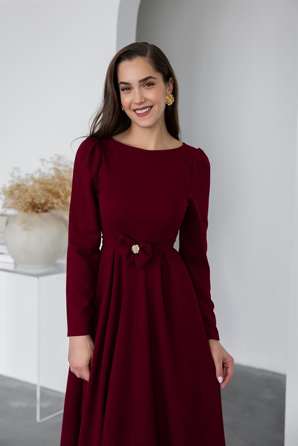 Bel Kurdele Detaylı Elbise - BORDO