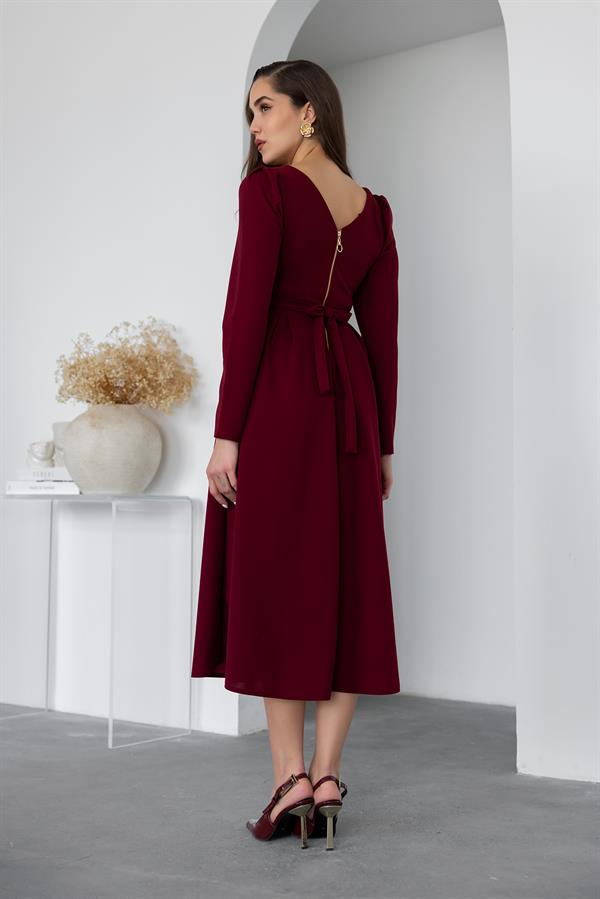 Bel Kurdele Detaylı Elbise - BORDO
