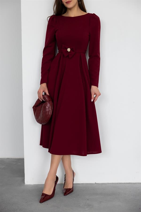 Bel Kurdele Detaylı Elbise - BORDO