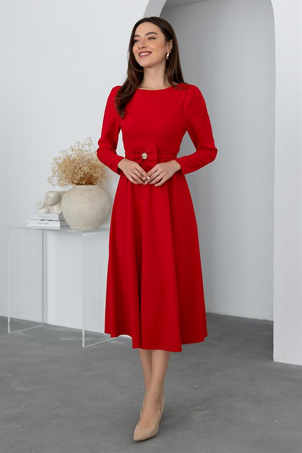 Bel Kurdele Detaylı Elbise - KIRMIZI