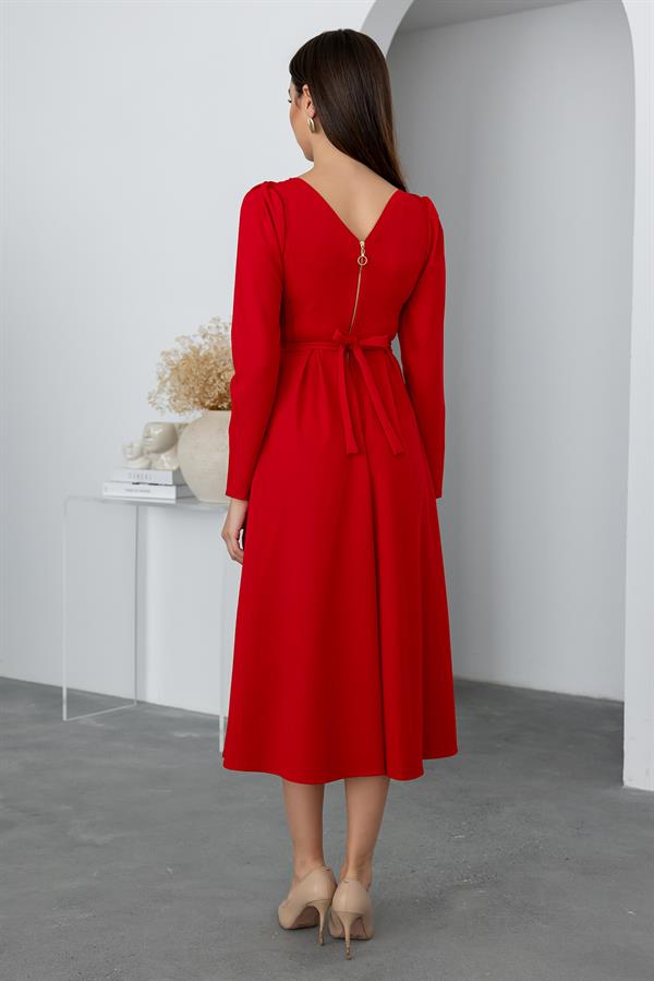 Bel Kurdele Detaylı Elbise - KIRMIZI