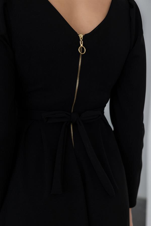 Bel Kurdele Detaylı Elbise - SİYAH