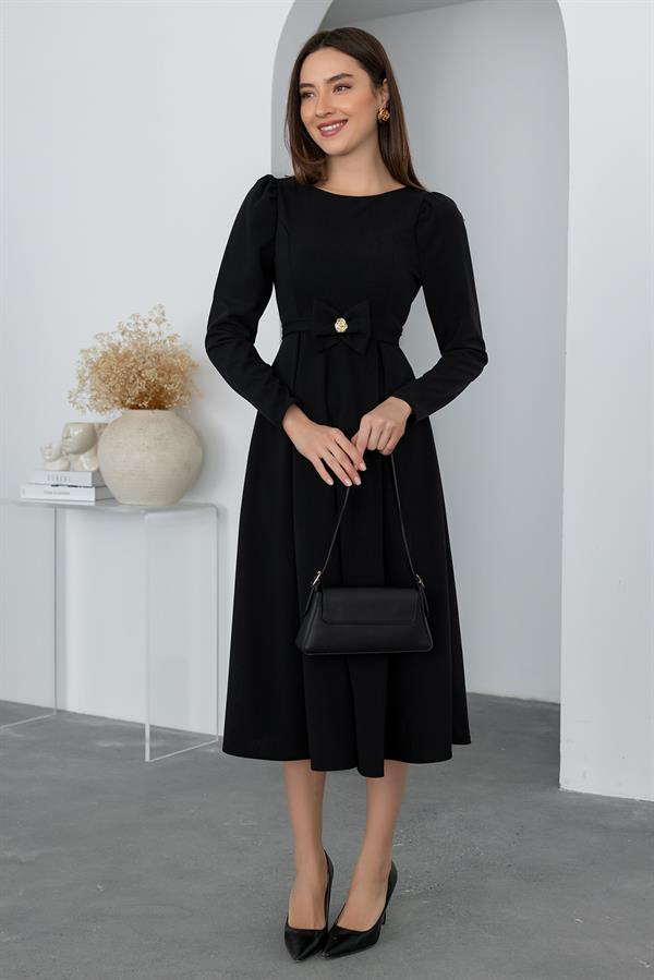 Bel Kurdele Detaylı Elbise - SİYAH