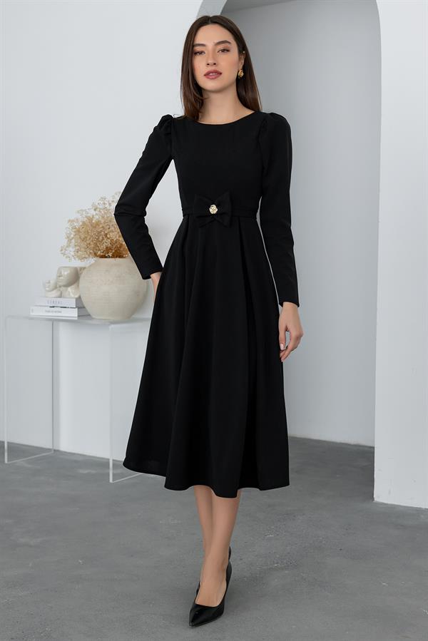 Bel Kurdele Detaylı Elbise - SİYAH