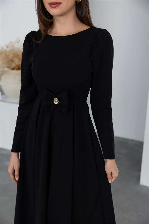Bel Kurdele Detaylı Elbise - SİYAH