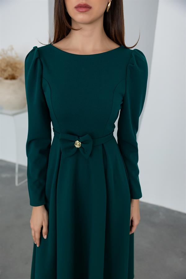 Bel Kurdele Detaylı Elbise - ZÜMRÜT YEŞİL