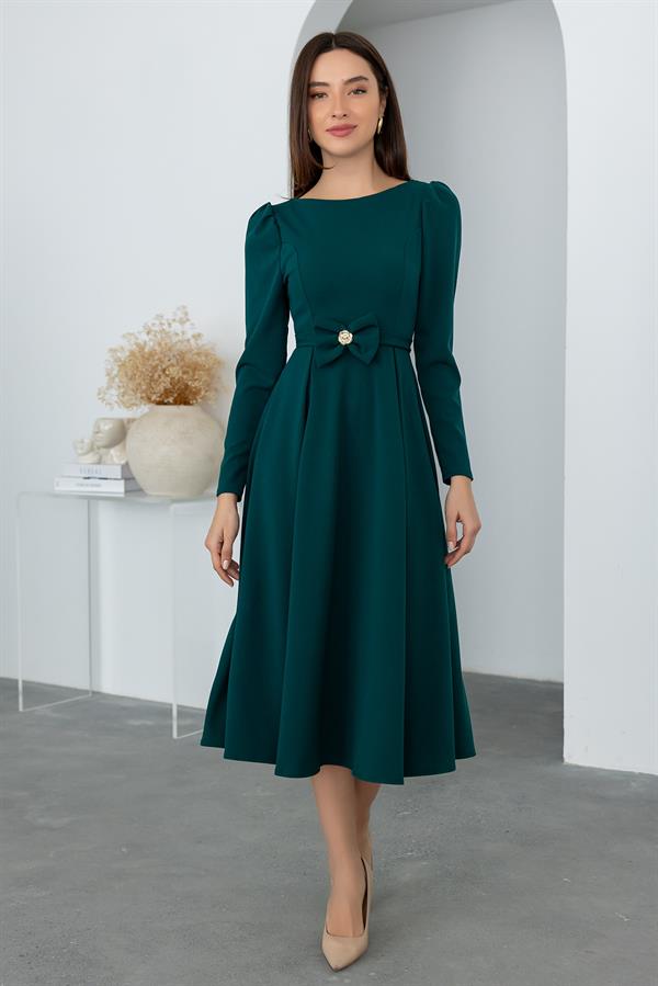 Bel Kurdele Detaylı Elbise - ZÜMRÜT YEŞİL