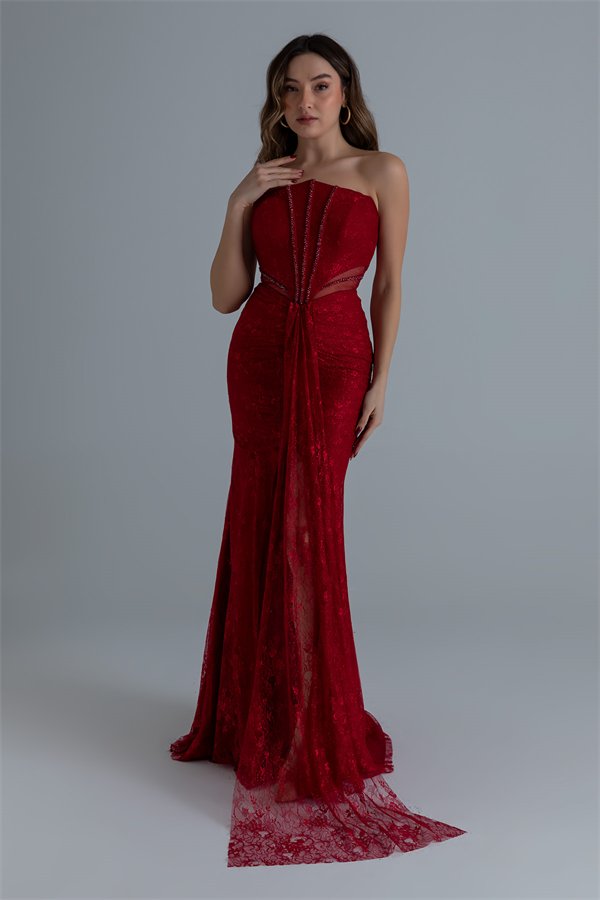 Bel Transparan Dantelli Abiye - KIRMIZI