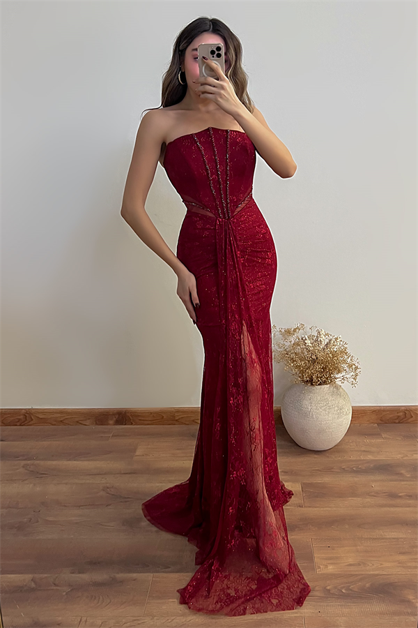 Bel Transparan Dantelli Abiye - KIRMIZI