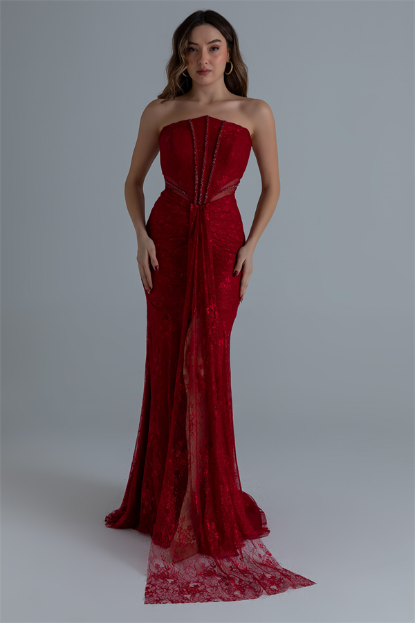 Bel Transparan Dantelli Abiye - KIRMIZI