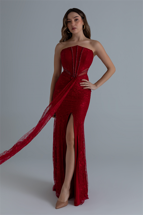 Bel Transparan Dantelli Abiye - KIRMIZI