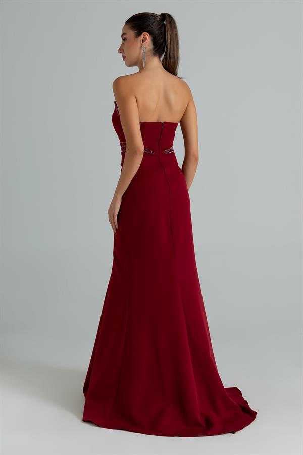 Bel Transparan İşlemeli Abiye - BORDO