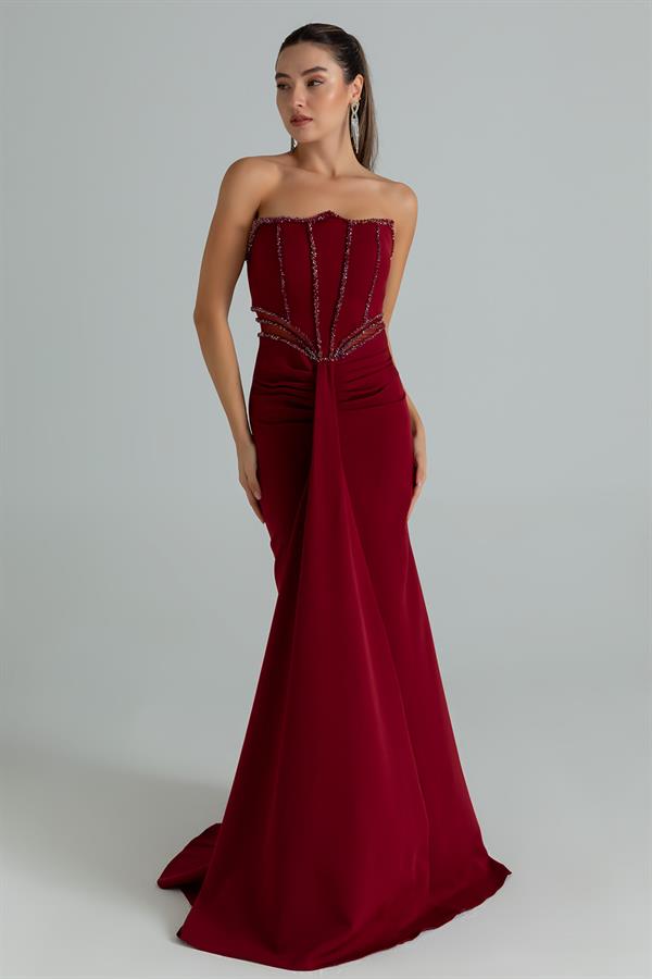 Bel Transparan İşlemeli Abiye - BORDO