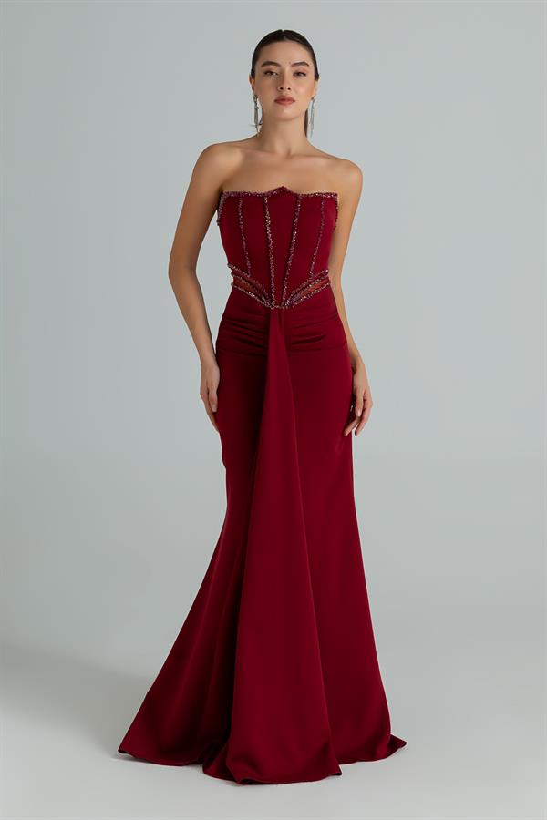 Bel Transparan İşlemeli Abiye - BORDO