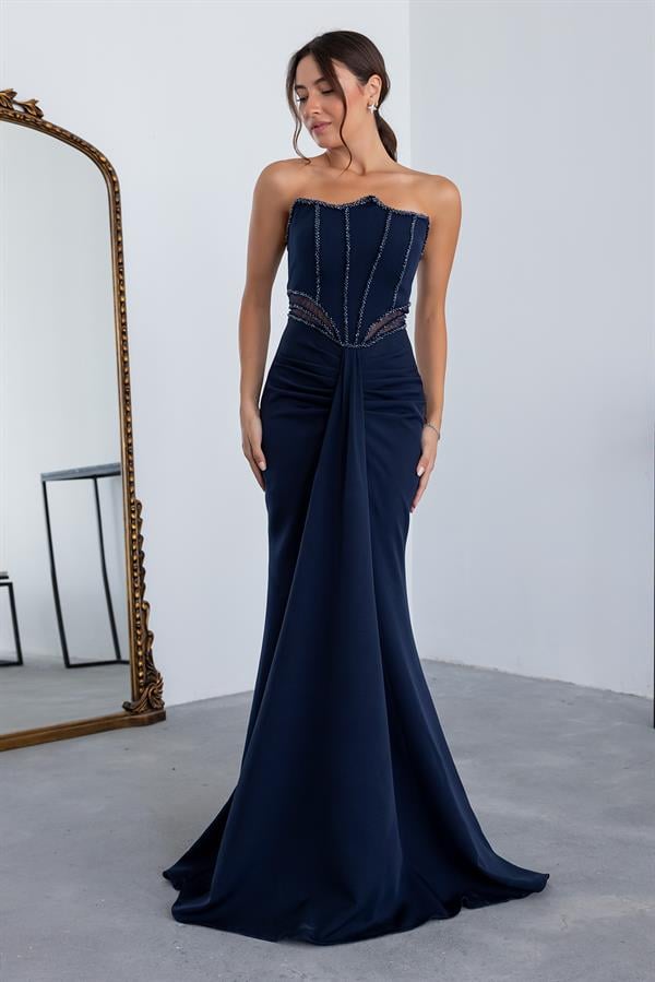 Bel Transparan İşlemeli Abiye - LACİVERT