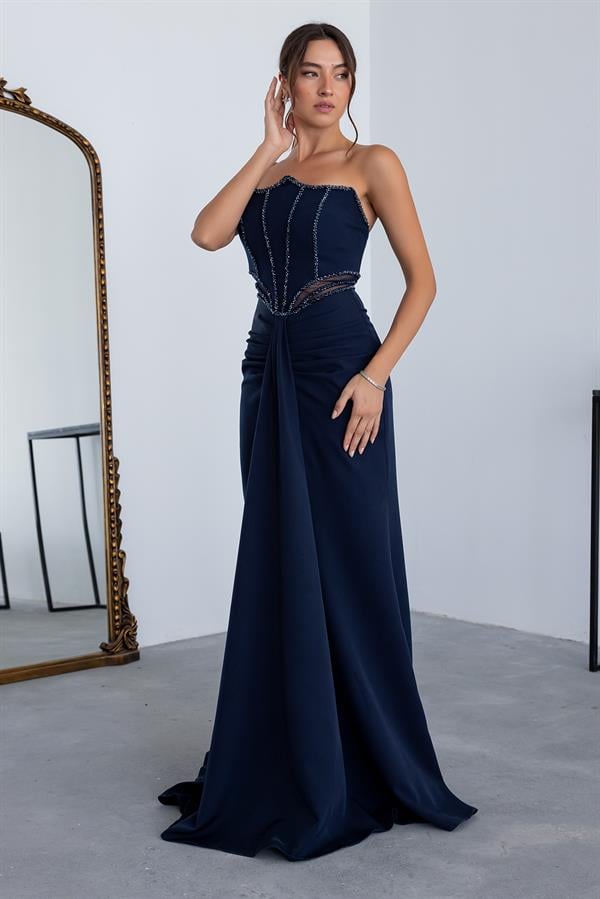 Bel Transparan İşlemeli Abiye - LACİVERT