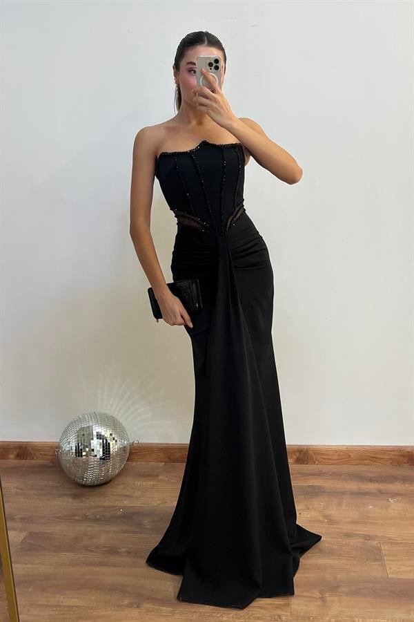 Bel Transparan İşlemeli Abiye - SİYAH