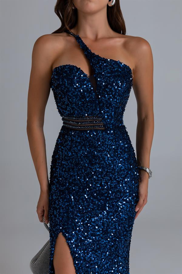 Bel Transparan Tasarım Payetli Abiye - LACİVERT