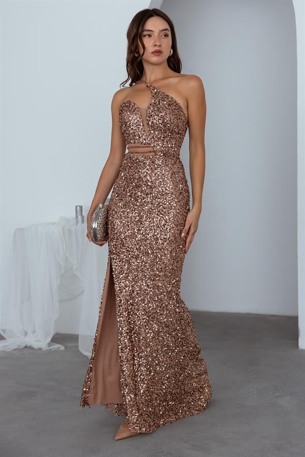 Bel Transparan Yırtmaçlı Payetli Abiye - BAKIR