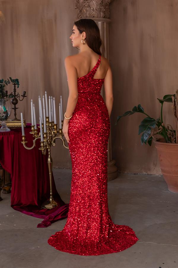 Bel Transparan Yırtmaçlı Payetli Abiye - KIRMIZI