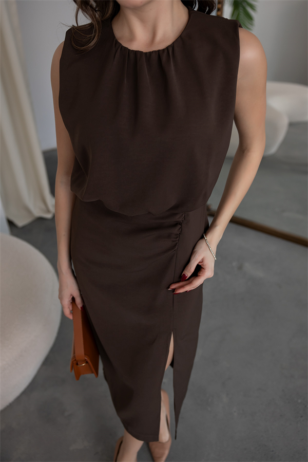 Bel Volanlı Elbise - KAHVERENGİ