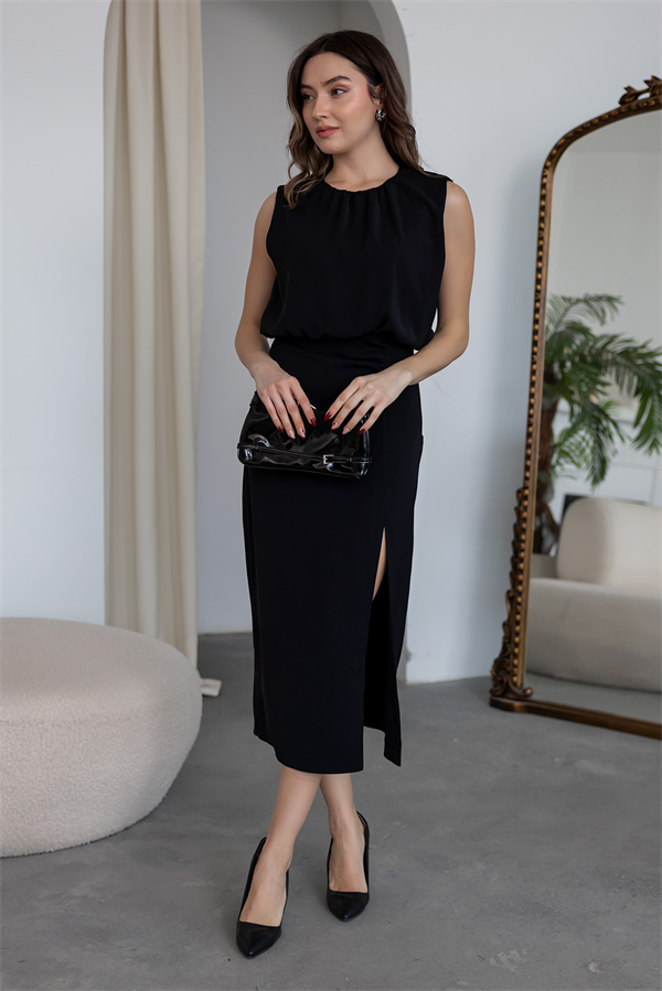 Bel Volanlı Elbise - SİYAH