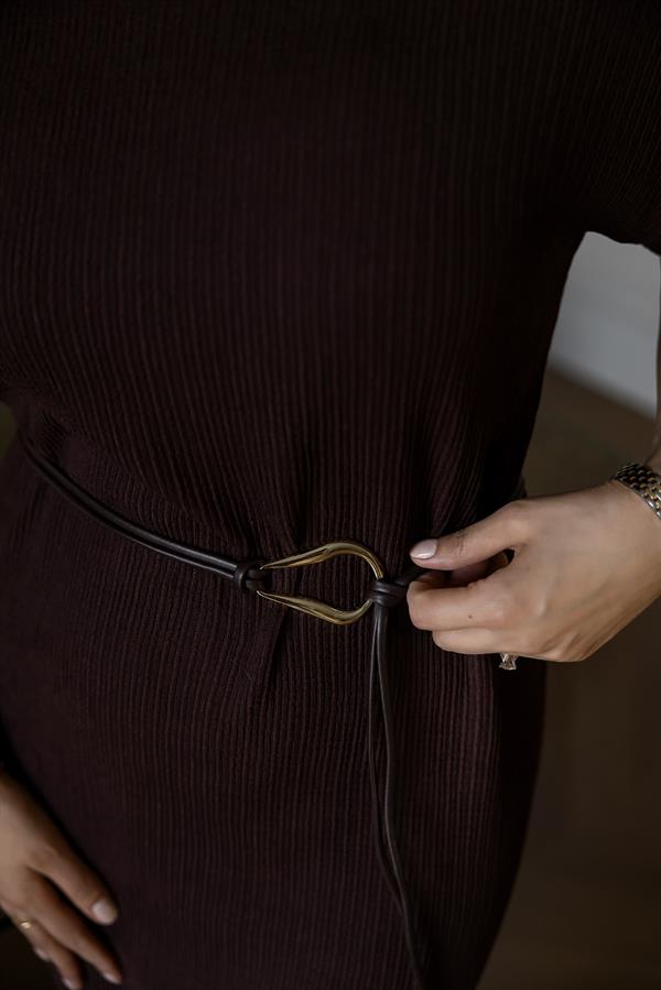 Bisiklet Yaka Bürümcük Elbise - KAHVERENGİ