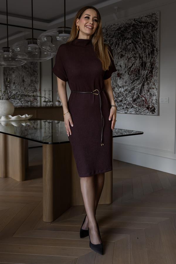 Bisiklet Yaka Bürümcük Elbise - KAHVERENGİ