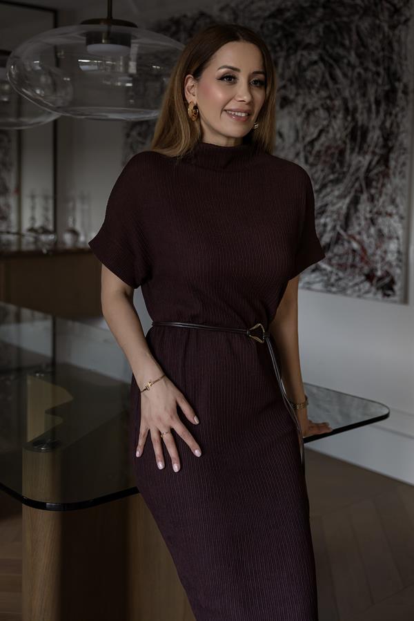 Bisiklet Yaka Bürümcük Elbise - KAHVERENGİ