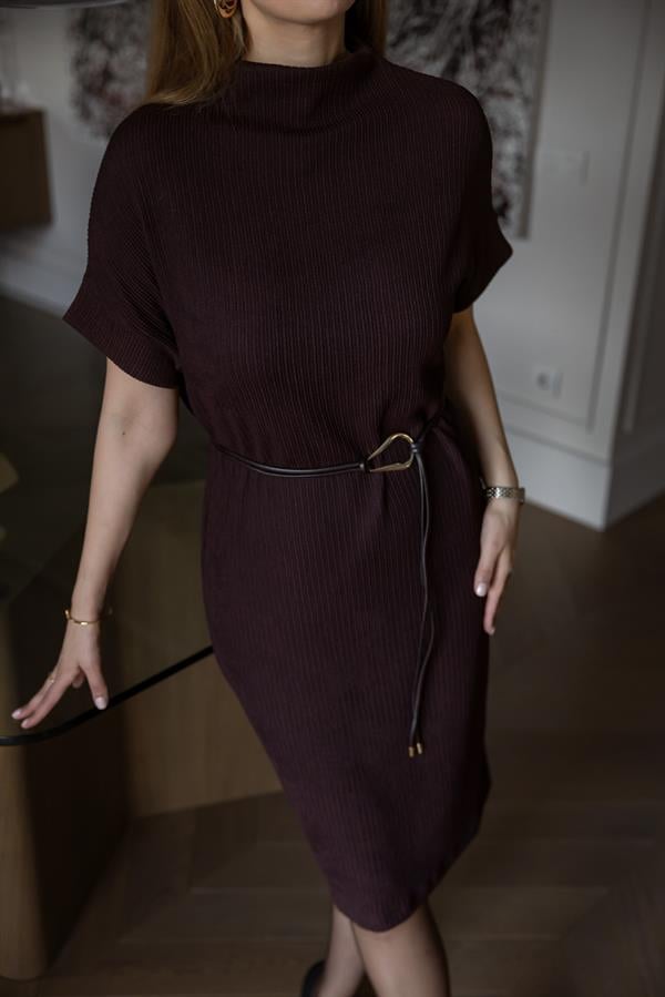 Bisiklet Yaka Bürümcük Elbise - KAHVERENGİ