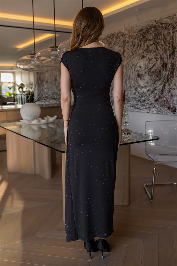 Bisiklet Yaka Drapeli Taşlı Elbise - SİYAH