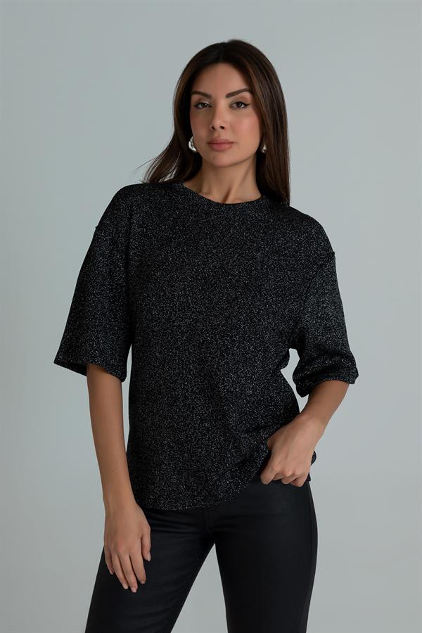 Bisiklet Yaka Simli Bluz - SİYAH
