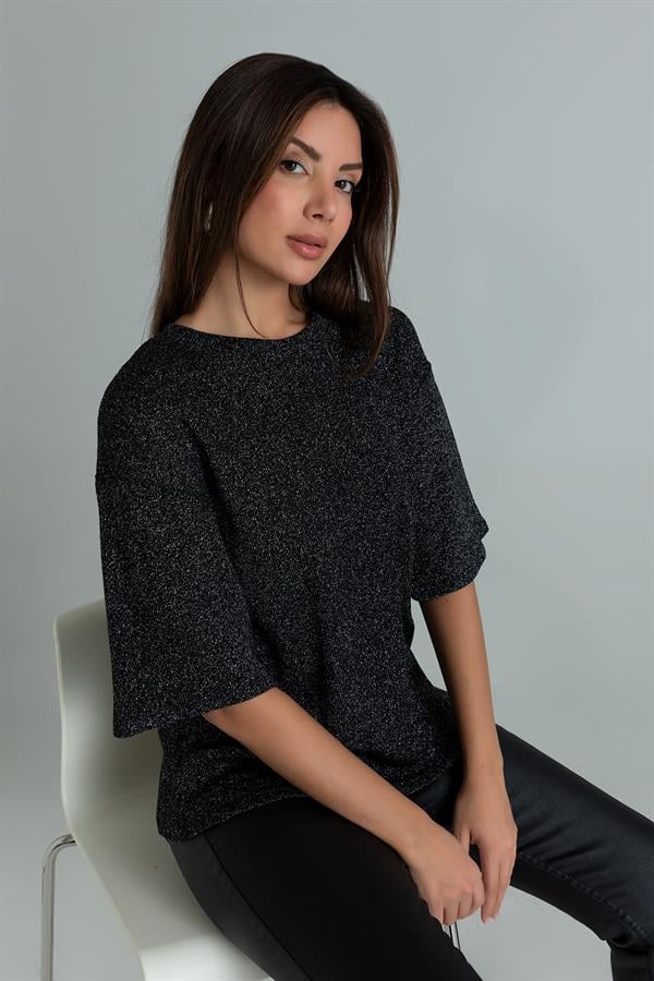Bisiklet Yaka Simli Bluz - SİYAH