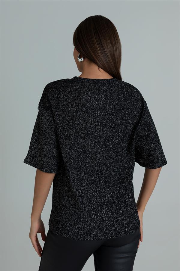 Bisiklet Yaka Simli Bluz - SİYAH
