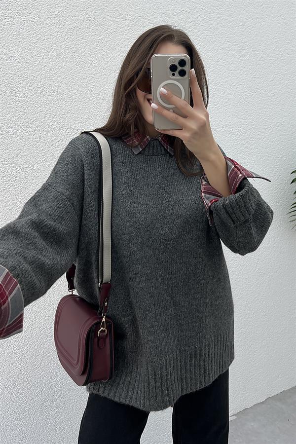 Bisiklet Yaka Yumoş Kazak - ANTRASİT