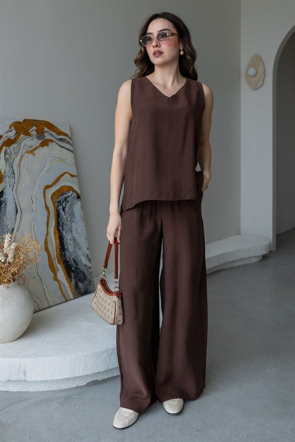 Bluzlu Tensel Takım - KAHVERENGİ