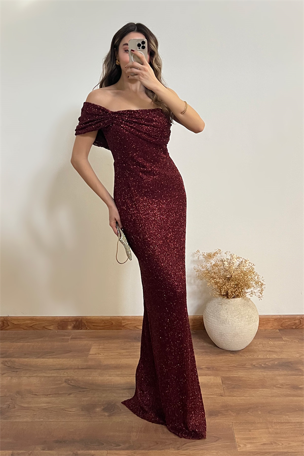 Boncuk İşlemeli Abiye - BORDO