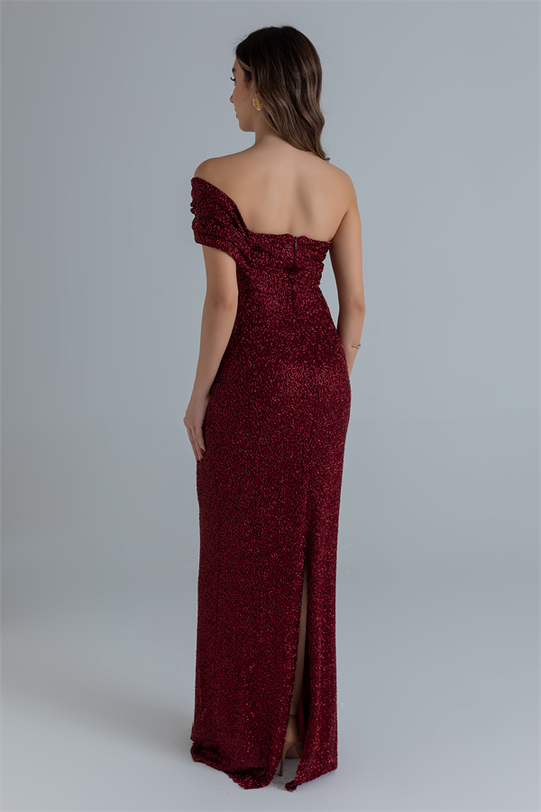 Boncuk İşlemeli Abiye - BORDO