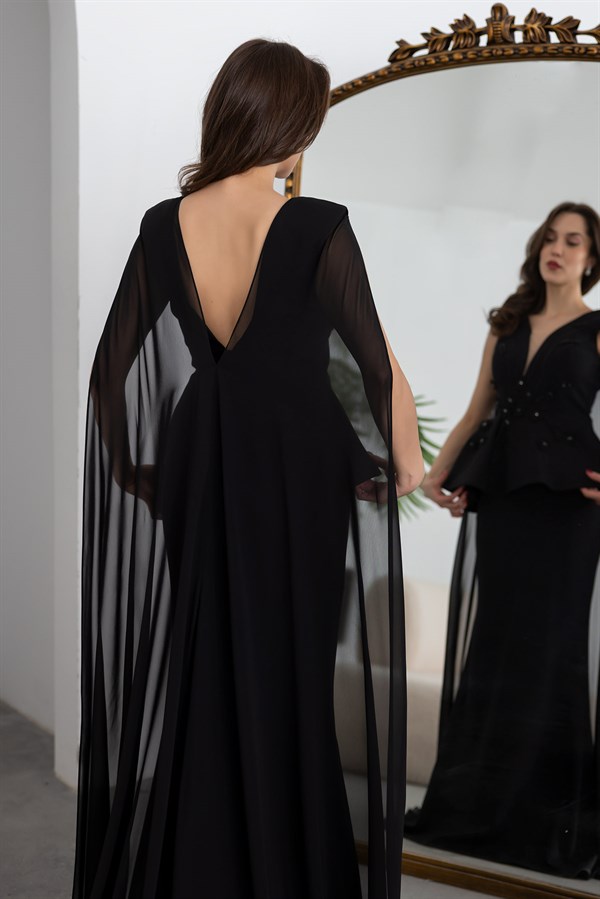 Boncuk İşlemeli Tasarım Abiye - SİYAH