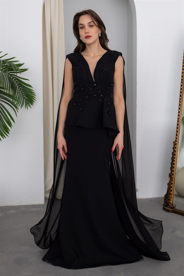 Boncuk İşlemeli Tasarım Abiye - SİYAH