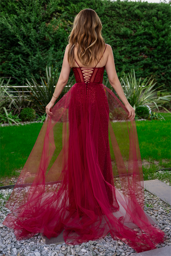 Boncuk İşlemeli Tül Abiye - BORDO