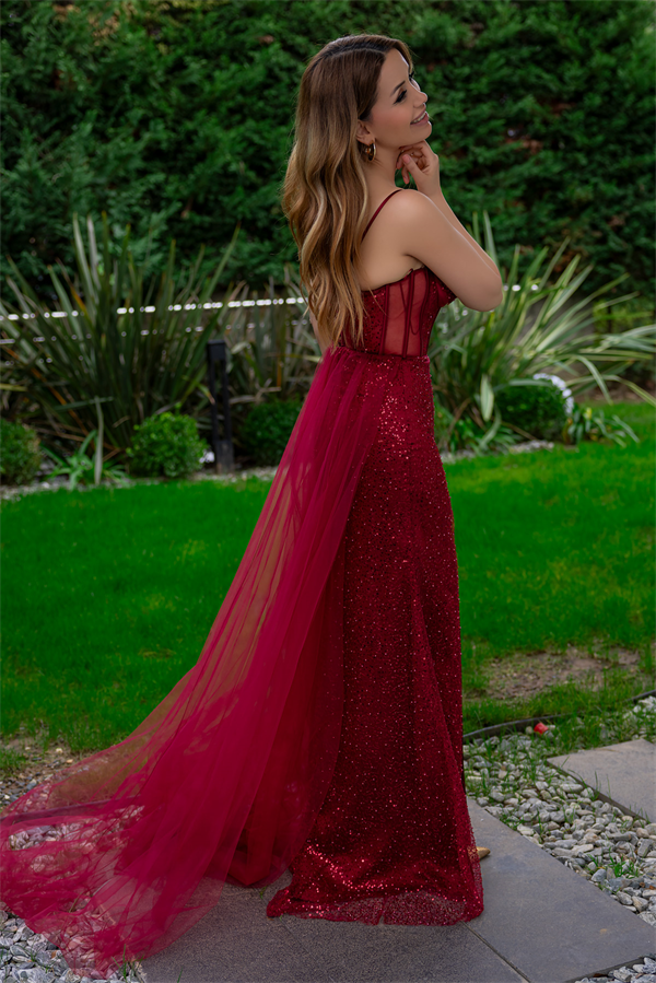 Boncuk İşlemeli Tül Abiye - BORDO