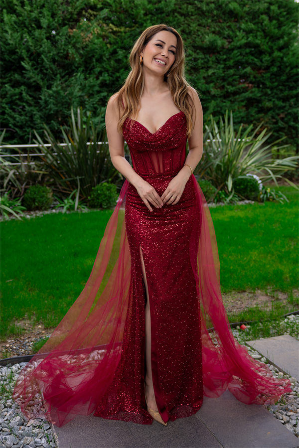 Boncuk İşlemeli Tül Abiye - BORDO