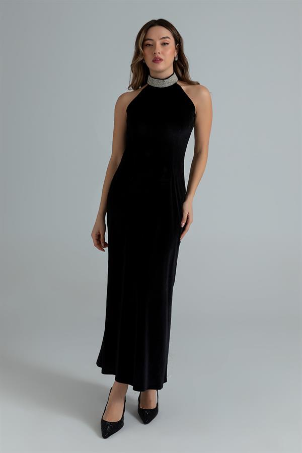 Boyun Taşlı Kadife Elbise - SİYAH